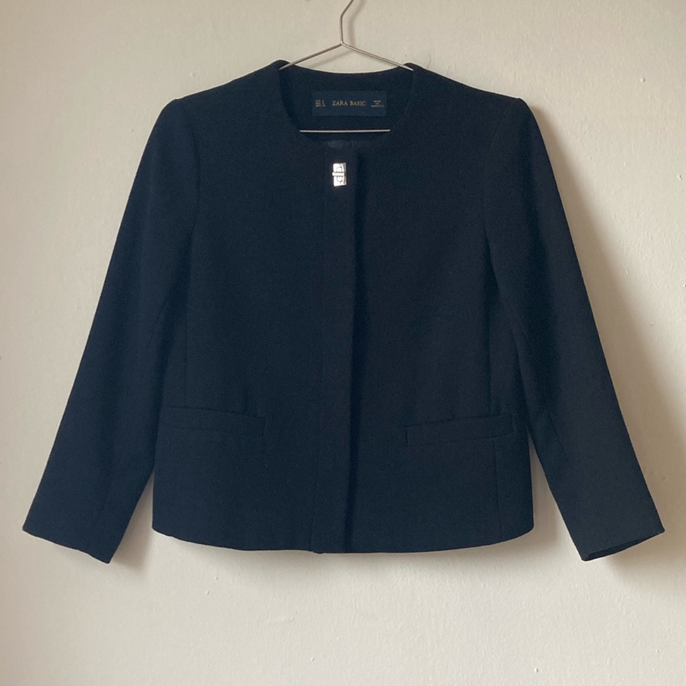 ZARA Basic Collarless Blazer Jacket Clasp & Snap Button Classic Black Size S